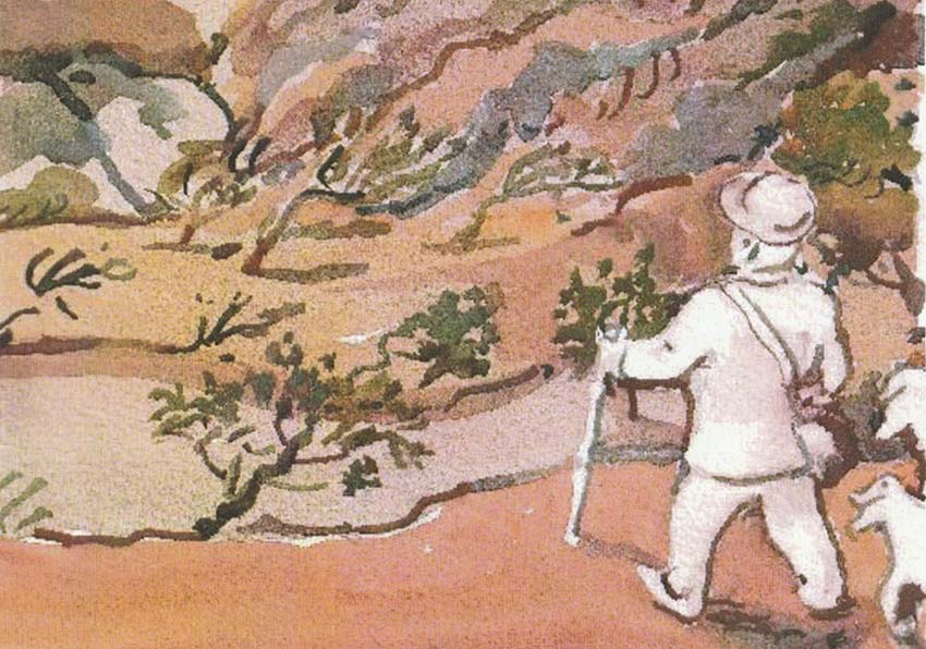 Imagen del evento:Dibujo de un hombre y un perro por el monte